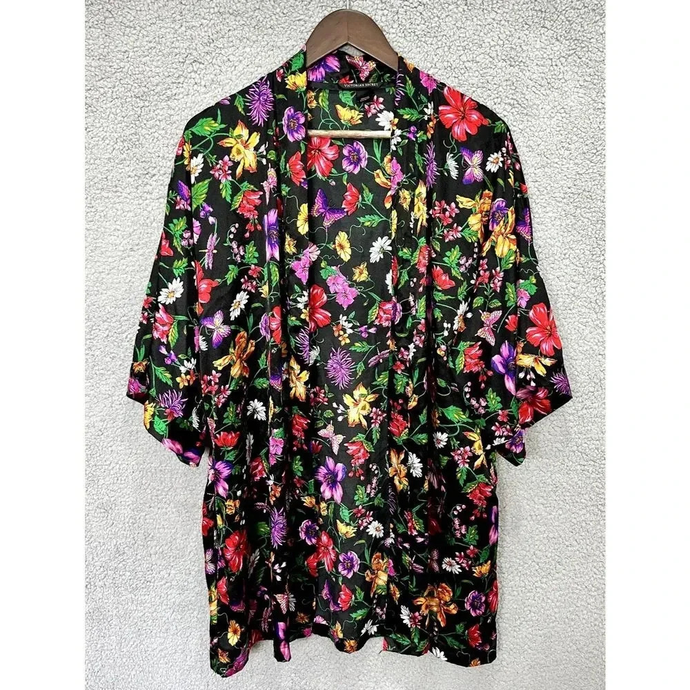Victorias Secret kimono robe S/M satin black floral butterfly pockets boho fairy